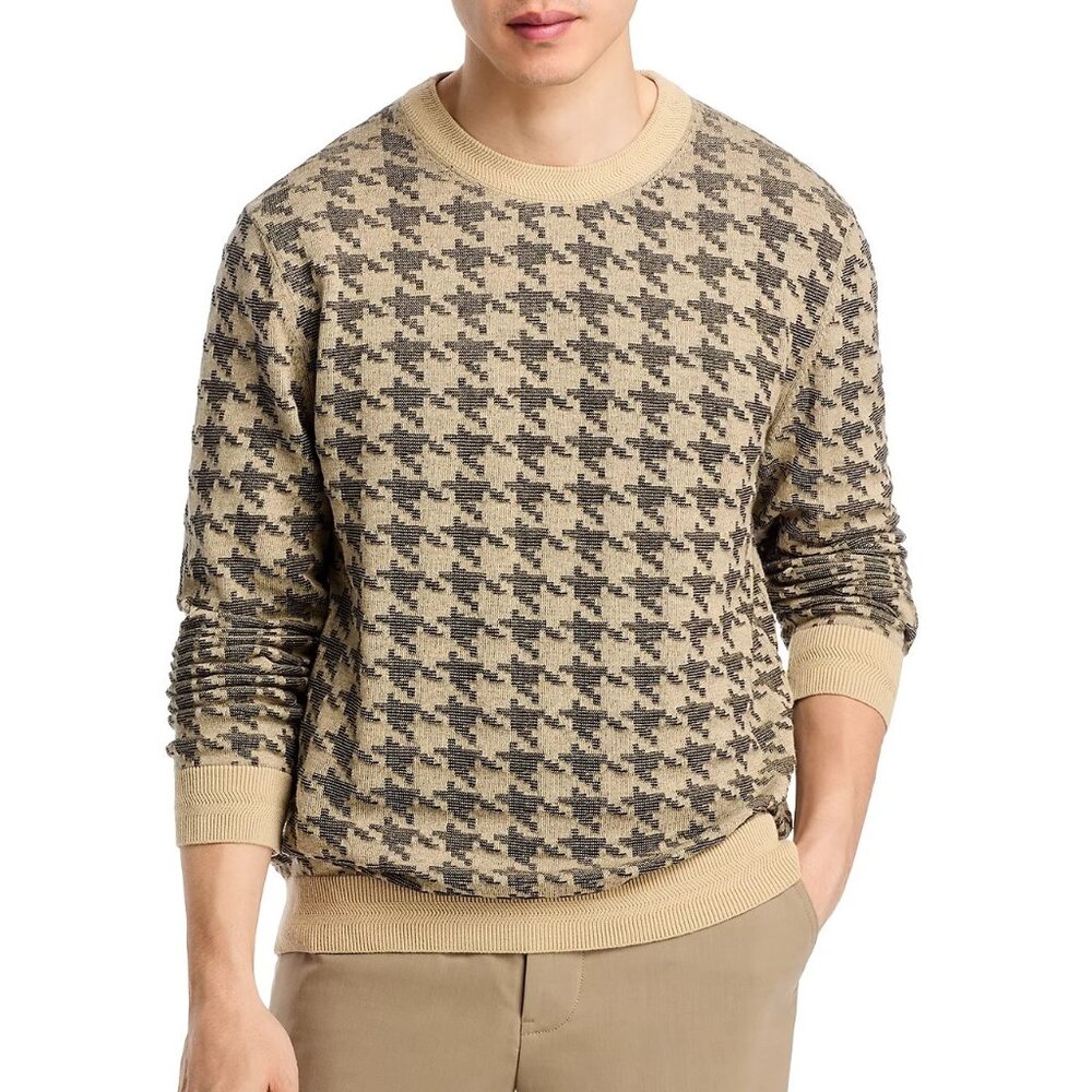 Hugo Boss Men's HUGO Steeth Houndstooth Jacquard Knit LS Crewneck Sweater Beige